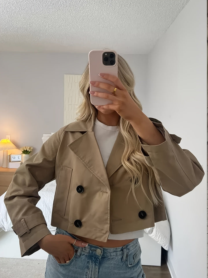 Women's Elegant Double-Breasted Brown Pea Coat