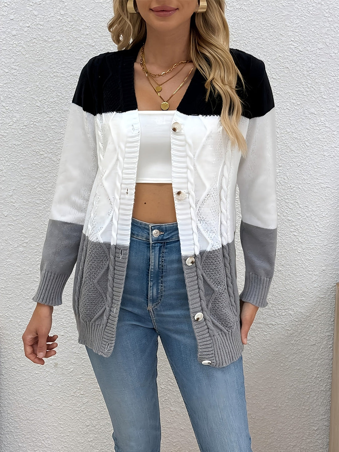 Women's Chic Long Cable Knit Cardigan with Button Front