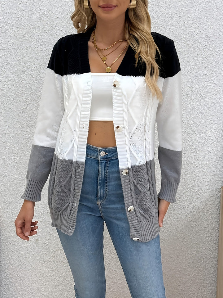 Women's Chic Long Cable Knit Cardigan with Button Front