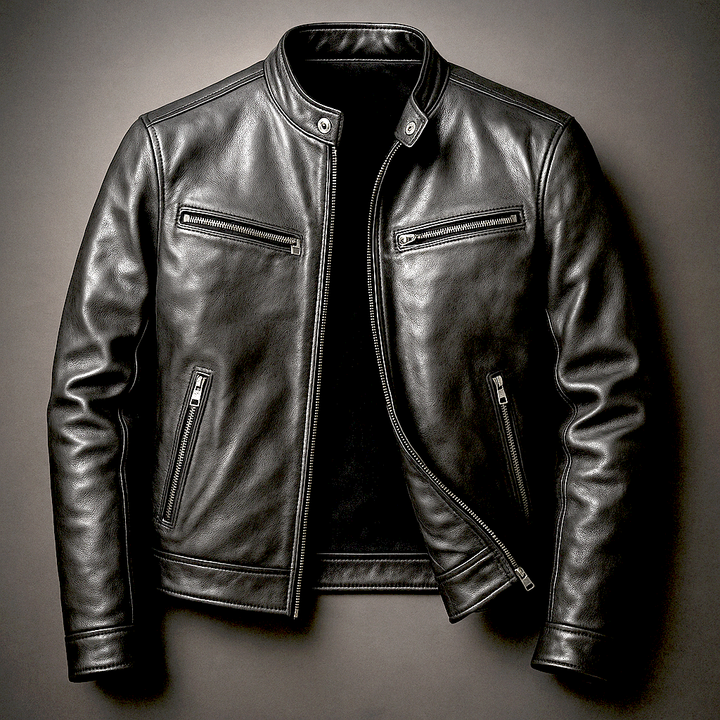 Men's Classic Faux Leather Zip-Up Biker Jacket with Stand Collar