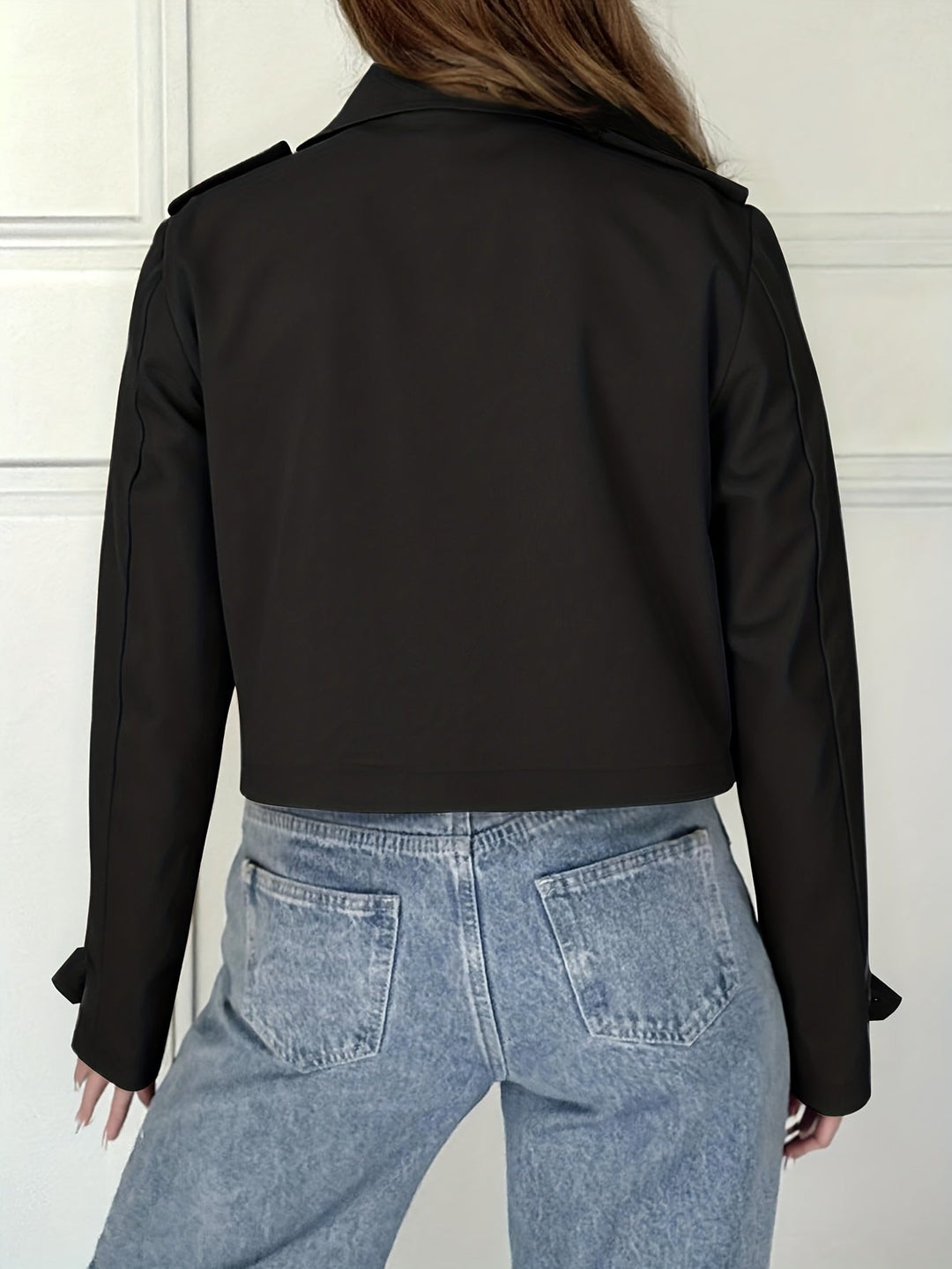 Women's Classic Brown Cropped Double-Breasted Pea Coat