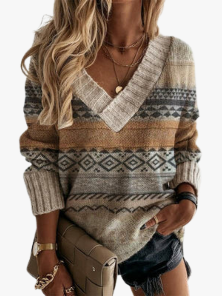 Women's Lovely Fair Isle V Neck Knit Sweater