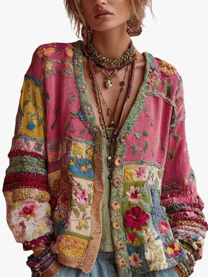 Women's Relaxed Floral Knit Cardigan with Button Front