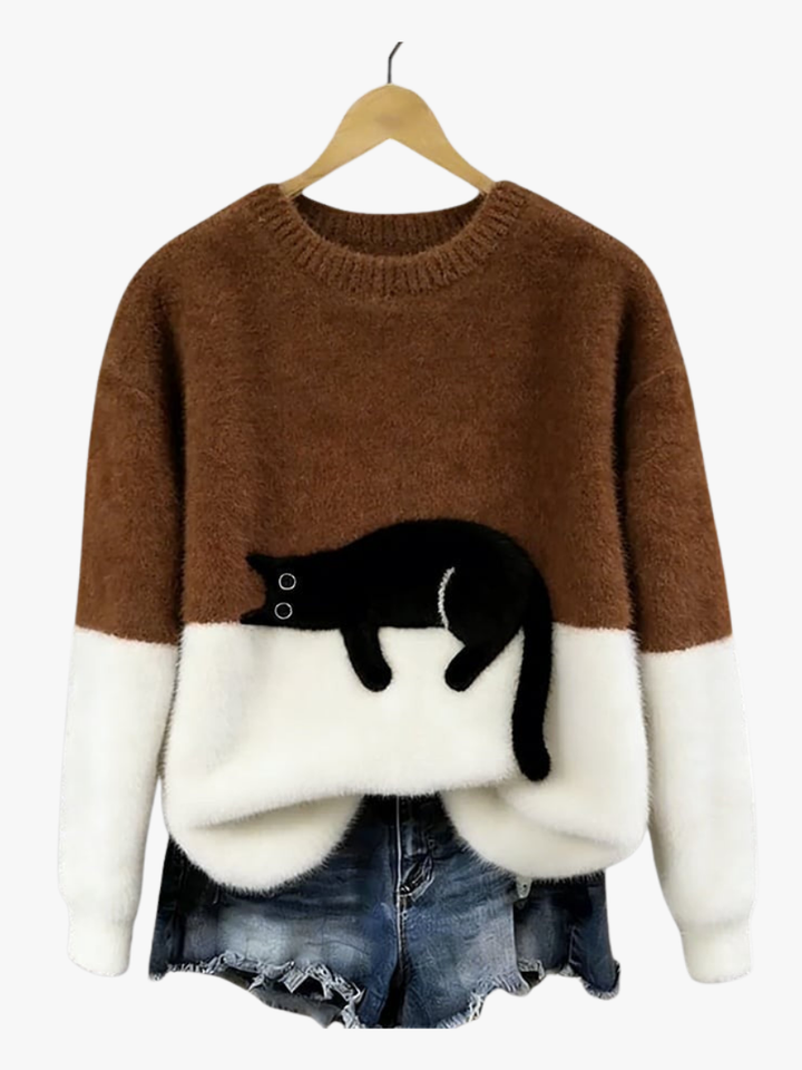 Women's Classic Cotton Crewneck Sweater with Fluffy Color Block Design