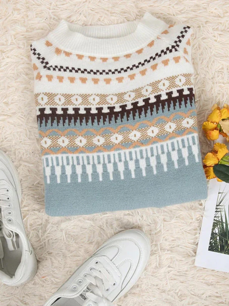 Women's Pretty Fair Isle Knit Sweater with Crewneck