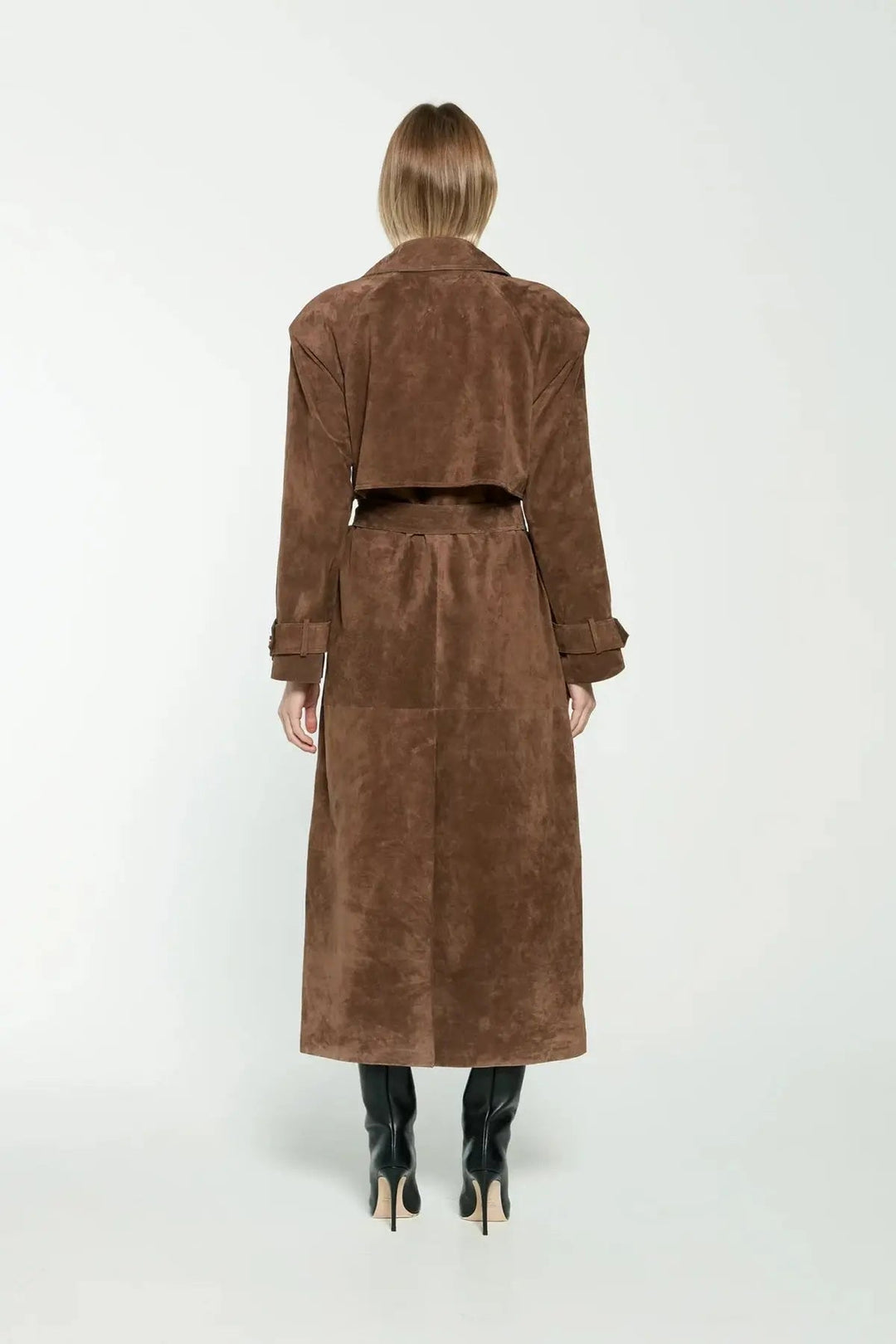 Women's Modern Brown Suede Double-Breasted Long Trench Coat