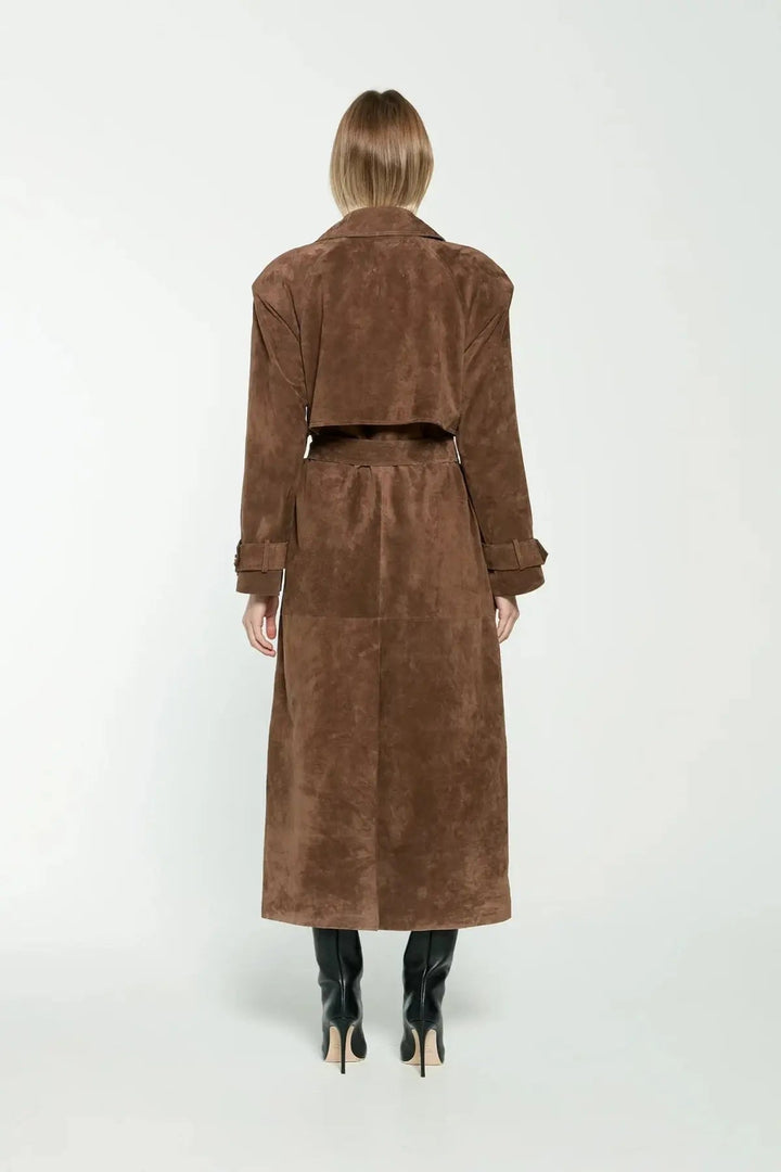 Women's Modern Brown Suede Double-Breasted Long Trench Coat