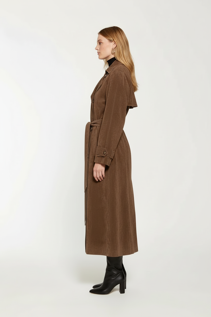 Women's Modern Brown Suede Double-Breasted Long Trench Coat