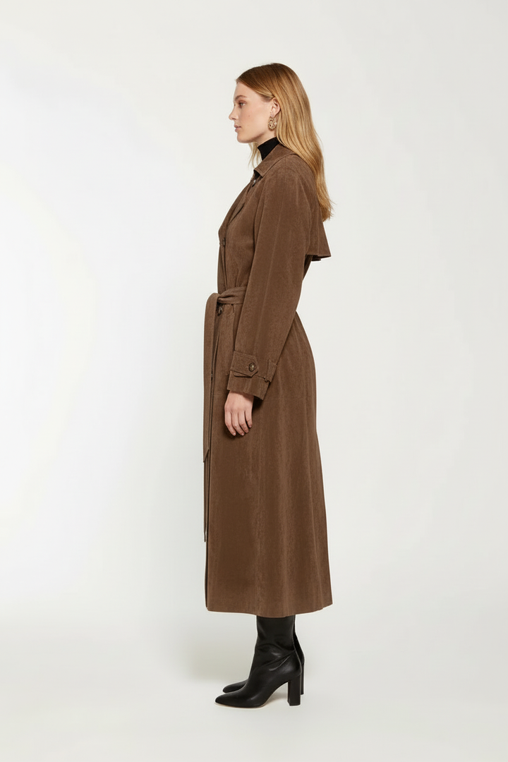 Women's Modern Brown Suede Double-Breasted Long Trench Coat