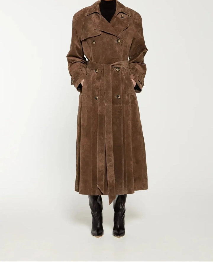 Women's Modern Brown Suede Double-Breasted Long Trench Coat
