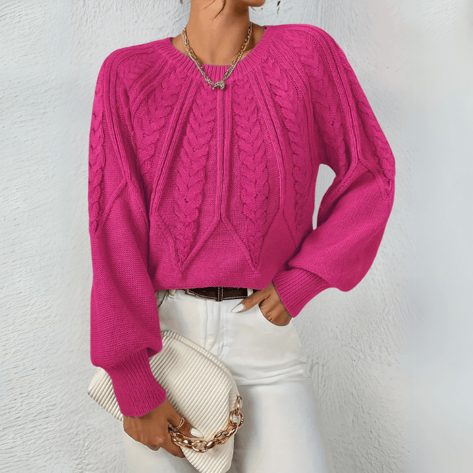 Women's Trendy Cable Knit Crewneck Sweater with Chunky Knit Texture