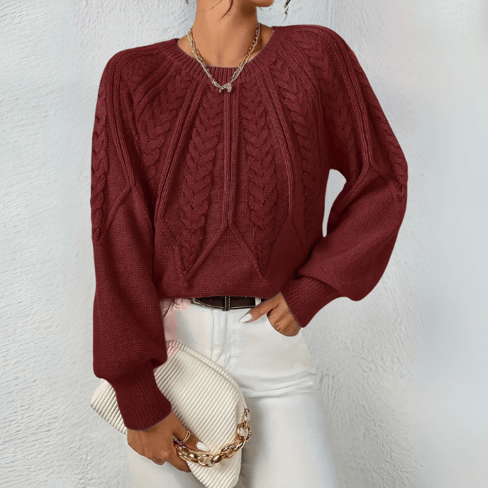 Women's Trendy Cable Knit Crewneck Sweater with Chunky Knit Texture
