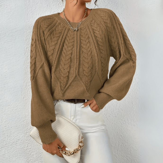 Women's Trendy Cable Knit Crewneck Sweater with Chunky Knit Texture