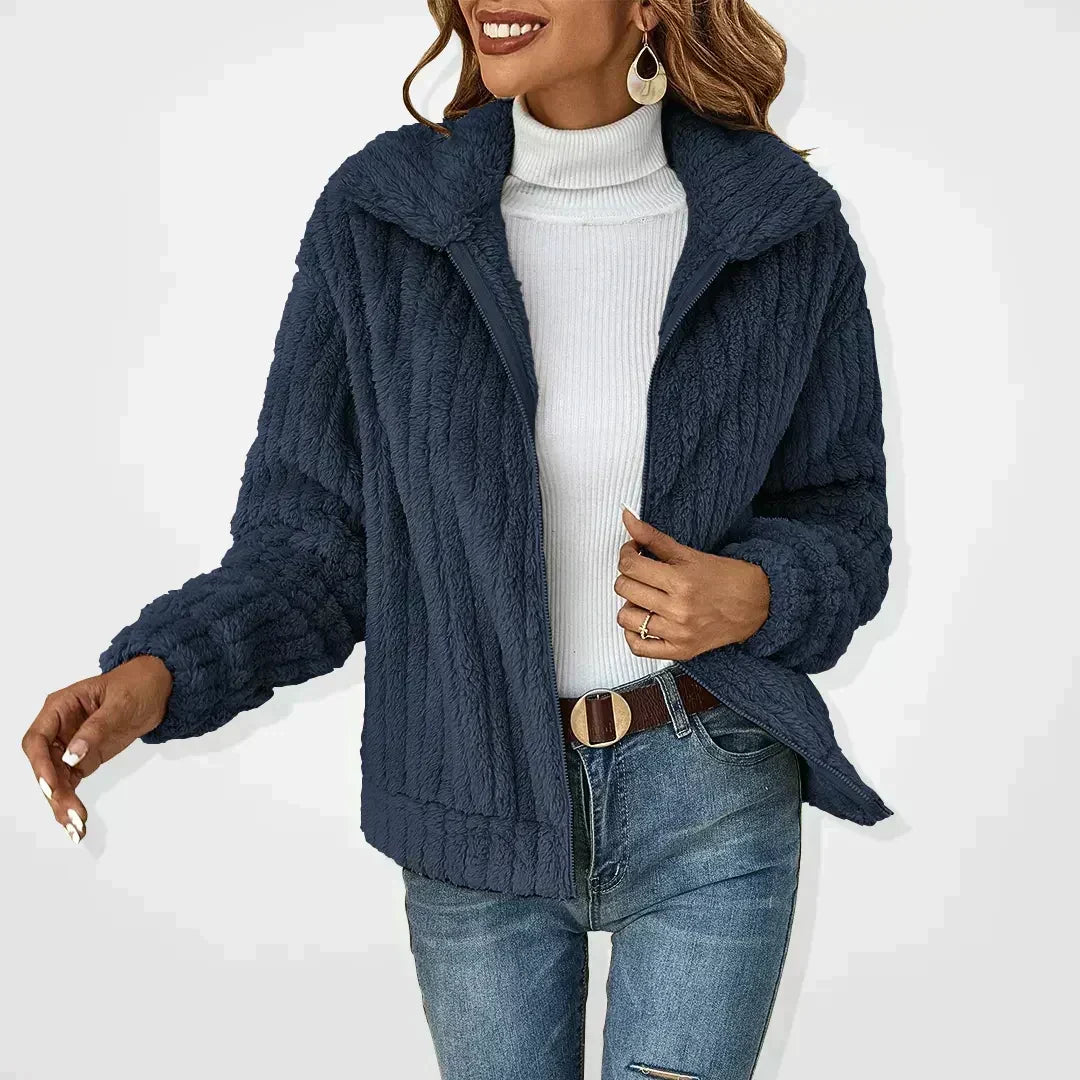 Women's Elegant Zip-Up Cropped Teddy Fleece Jacket with Stand Collar