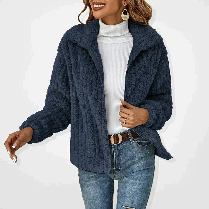 Women's Elegant Zip-Up Cropped Teddy Fleece Jacket with Stand Collar