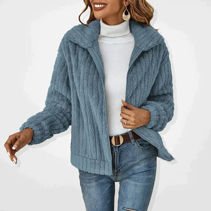 Women's Elegant Zip-Up Cropped Teddy Fleece Jacket with Stand Collar