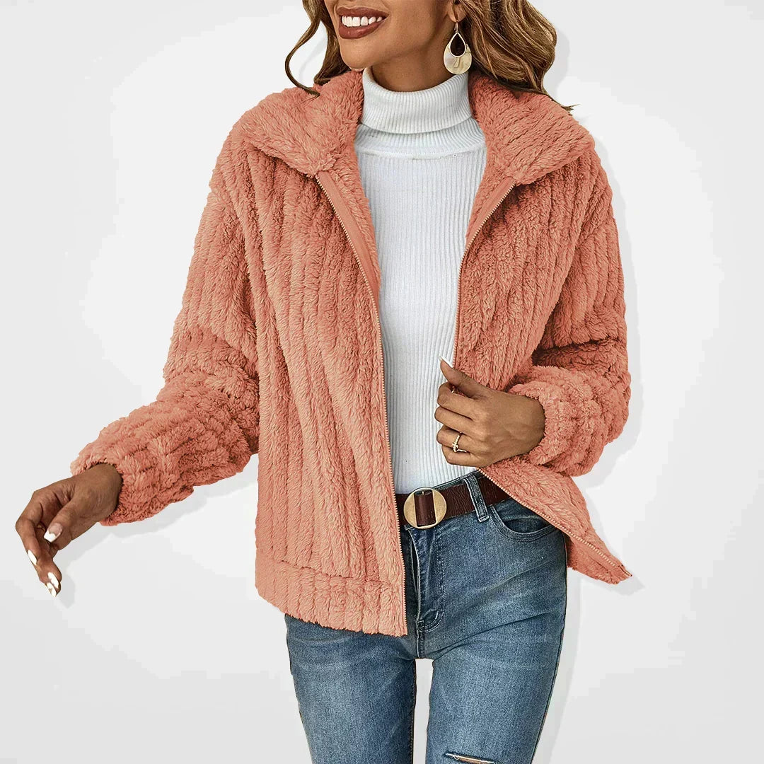 Women's Elegant Zip-Up Cropped Teddy Fleece Jacket with Stand Collar