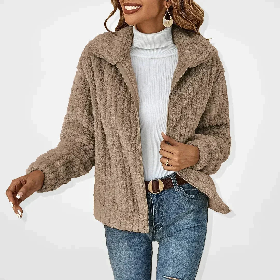 Women's Elegant Zip-Up Cropped Teddy Fleece Jacket with Stand Collar