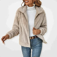 Women's Elegant Zip-Up Cropped Teddy Fleece Jacket with Stand Collar