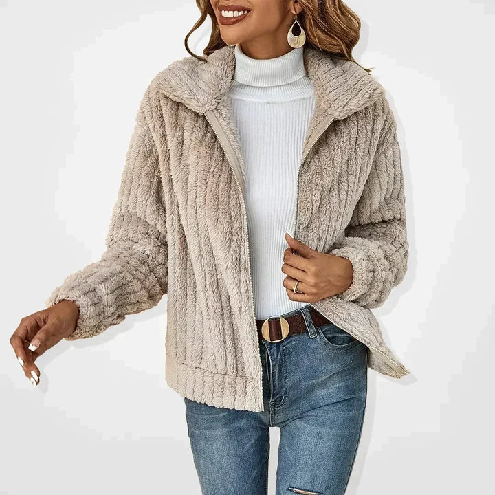 Women's Elegant Zip-Up Cropped Teddy Fleece Jacket with Stand Collar