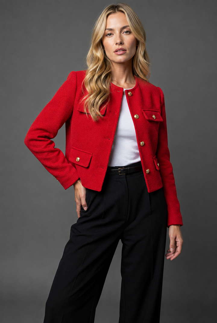 Women's Chic Cropped Blue Tweed Gold Blazer