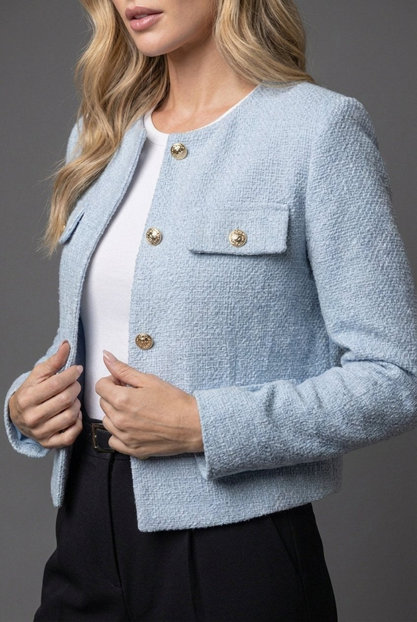 Women's Chic Cropped Blue Tweed Gold Blazer