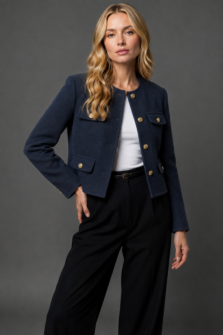 Women's Chic Cropped Blue Tweed Gold Blazer