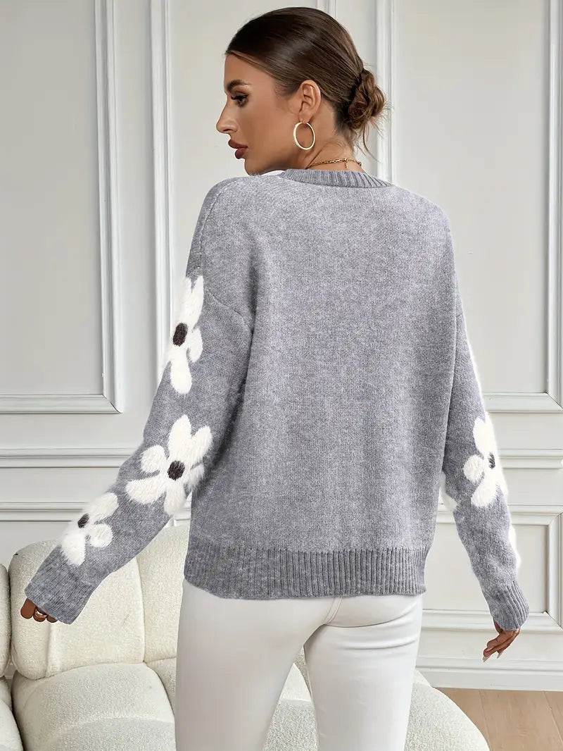 Women's Breathable Oversized Floral Knit Sweater with Crew Neck