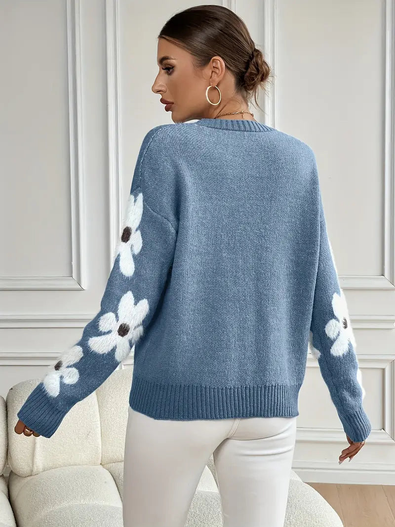 Women's Breathable Oversized Floral Knit Sweater with Crew Neck