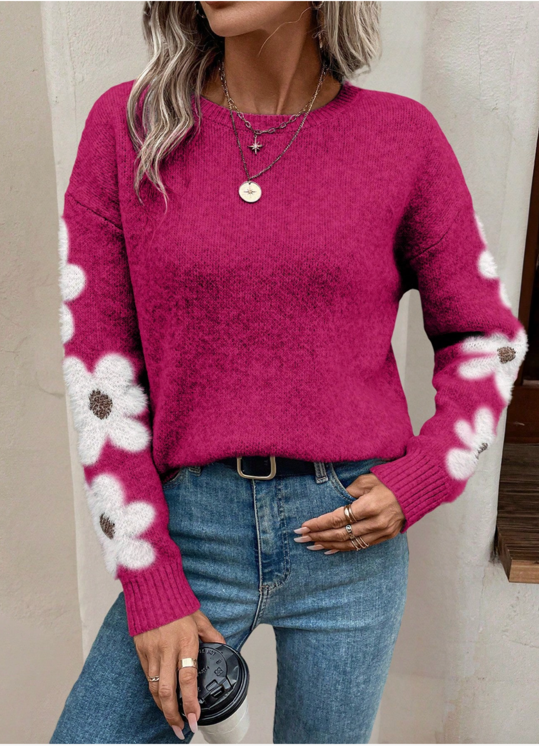 Women's Breathable Oversized Floral Knit Sweater with Crew Neck