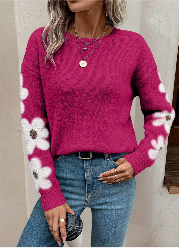 Women's Breathable Oversized Floral Knit Sweater with Crew Neck