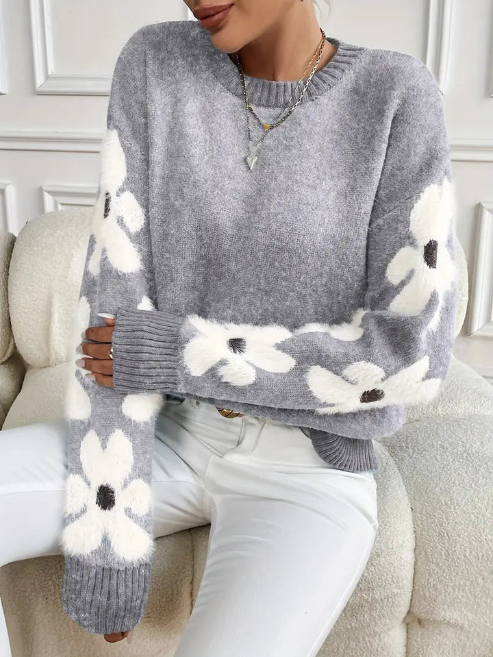 Women's Breathable Oversized Floral Knit Sweater with Crew Neck