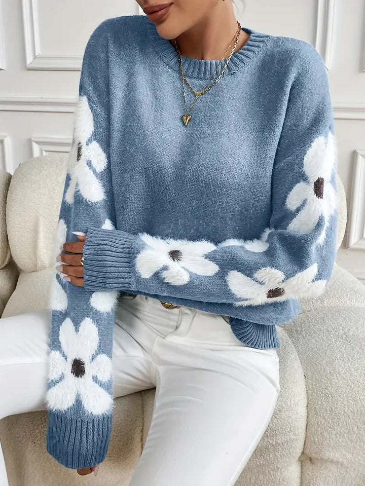 Women's Breathable Oversized Floral Knit Sweater with Crew Neck