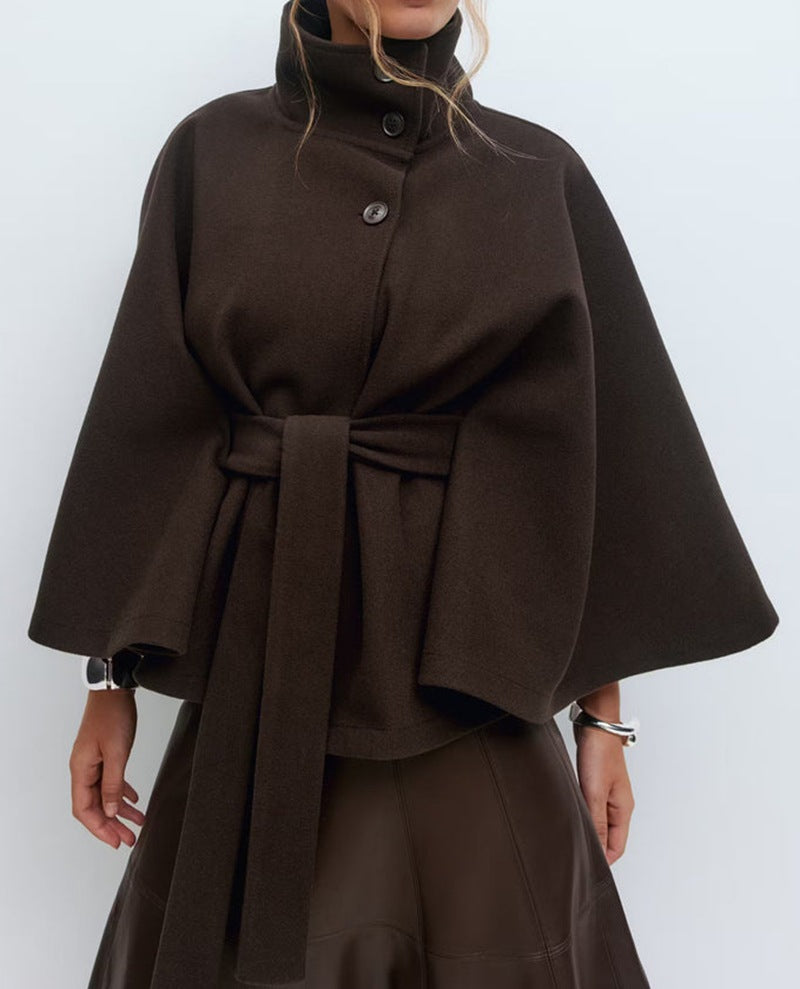 Women's Elegant Cropped Belted Wool Cape Coat