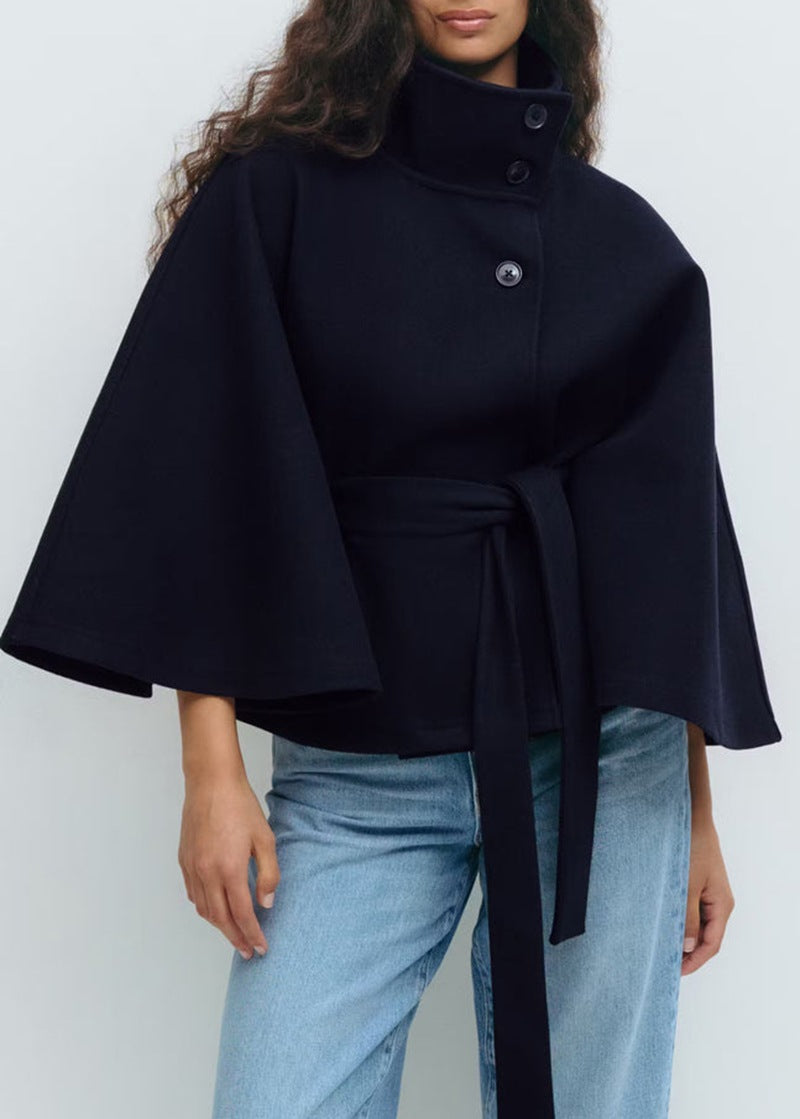 Women's Elegant Cropped Belted Wool Cape Coat