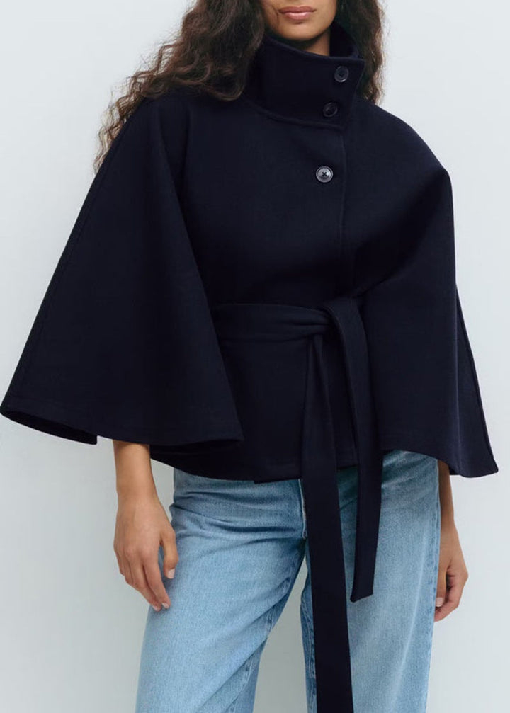 Women's Elegant Cropped Belted Wool Cape Coat