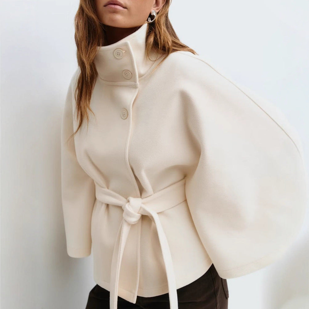 Women's Elegant Cropped Belted Wool Cape Coat