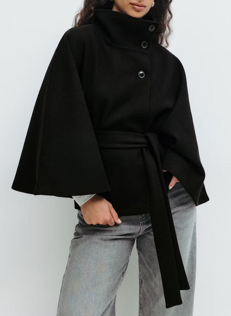 Women's Elegant Cropped Belted Wool Cape Coat