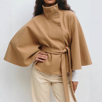 Women's Elegant Cropped Belted Wool Cape Coat