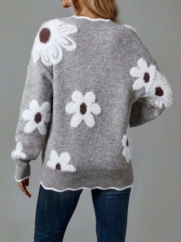 Women's Effortless V Neck Floral Ribbed Knit Sweater