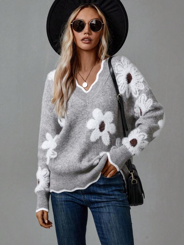 Women's Effortless V Neck Floral Ribbed Knit Sweater