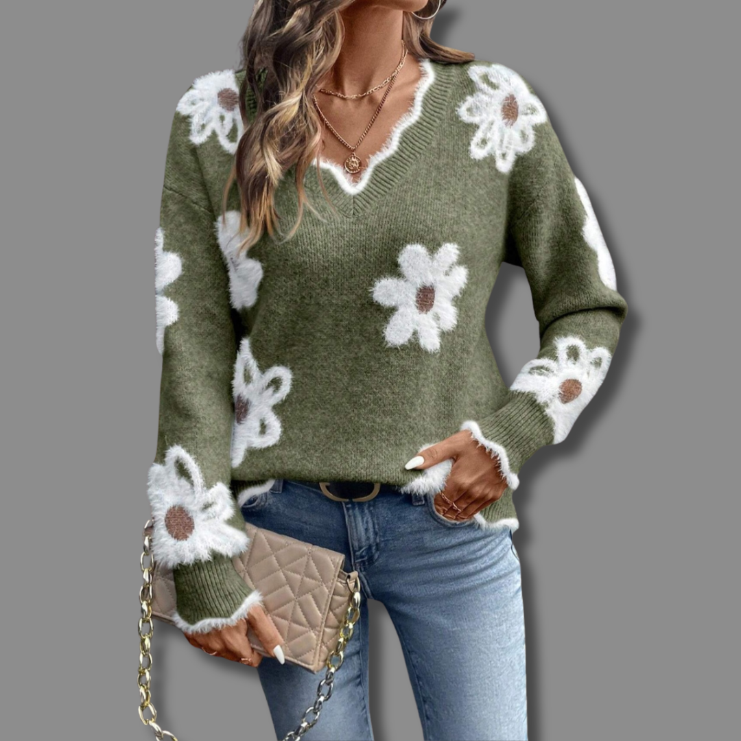 Women's Effortless V Neck Floral Ribbed Knit Sweater
