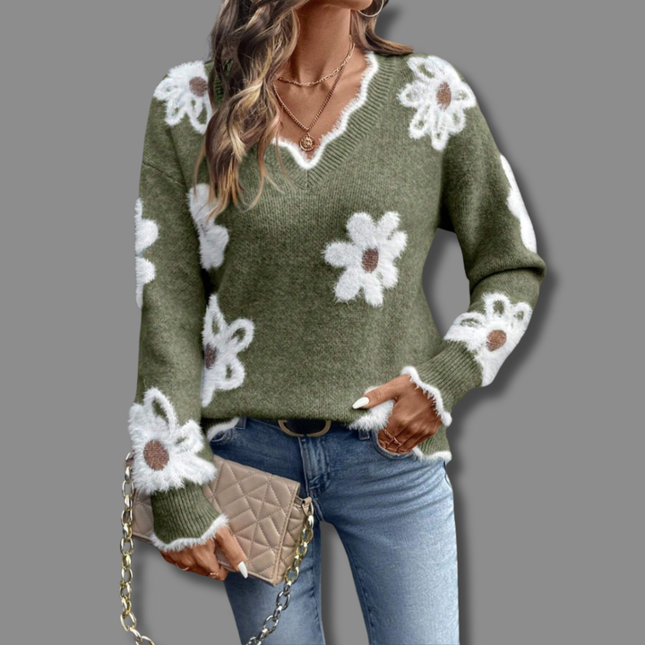 Women's Effortless V Neck Floral Ribbed Knit Sweater