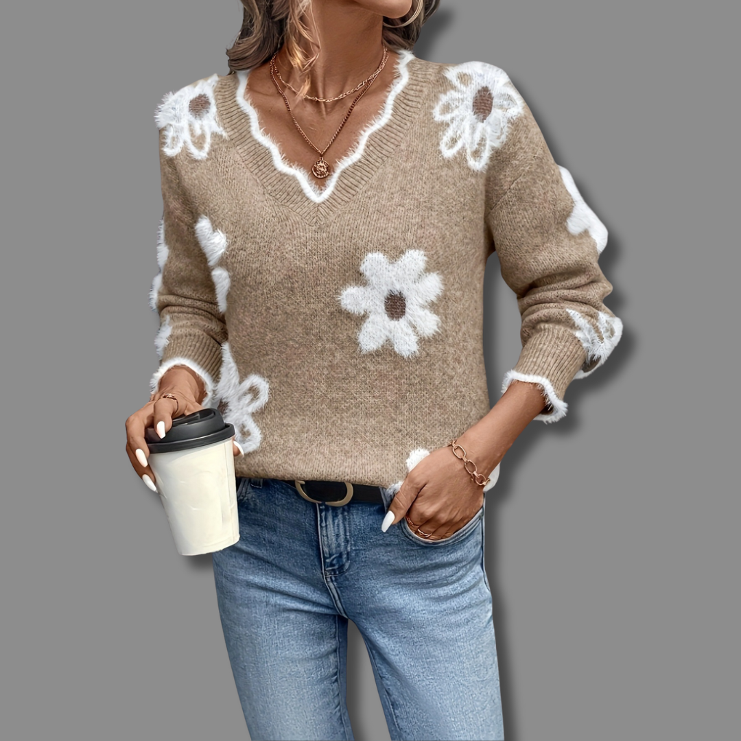Women's Effortless V Neck Floral Ribbed Knit Sweater