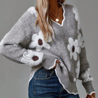 Women's Effortless V Neck Floral Ribbed Knit Sweater