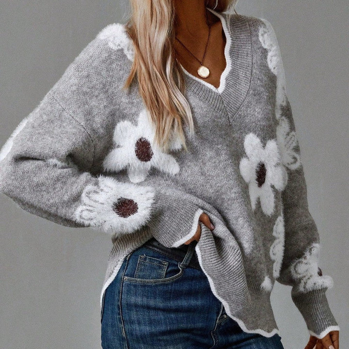 Women's Effortless V Neck Floral Ribbed Knit Sweater