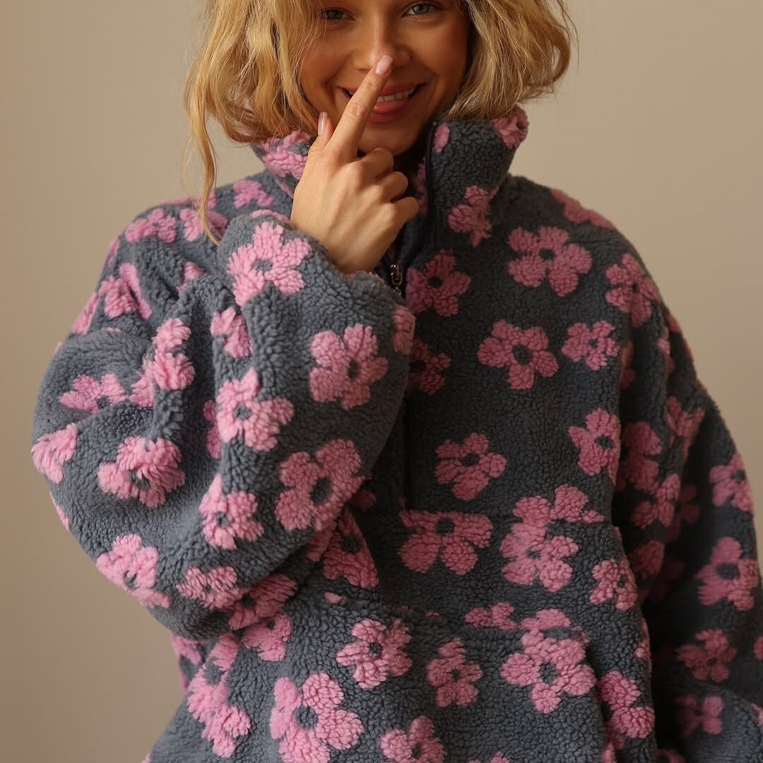 Oversized Floral Sherpa Fleece Jacket