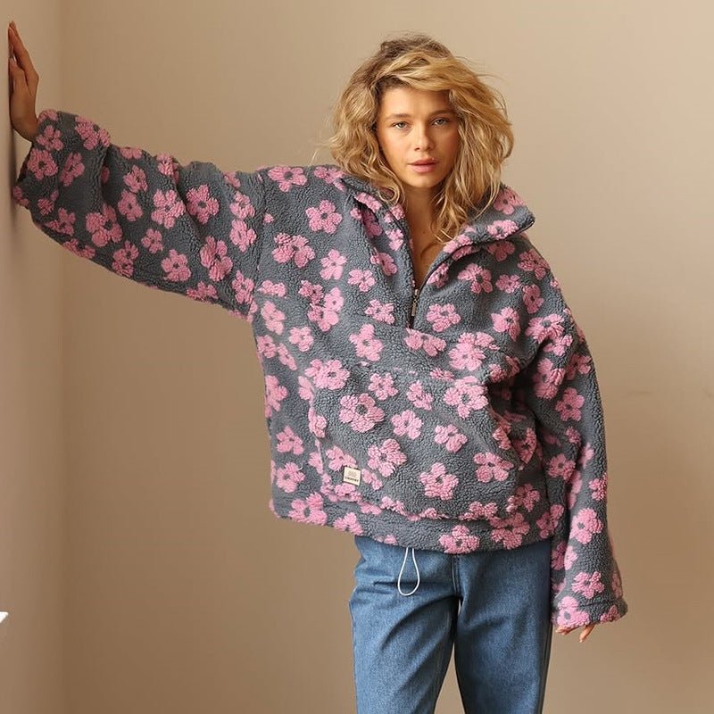 Oversized Floral Sherpa Fleece Jacket
