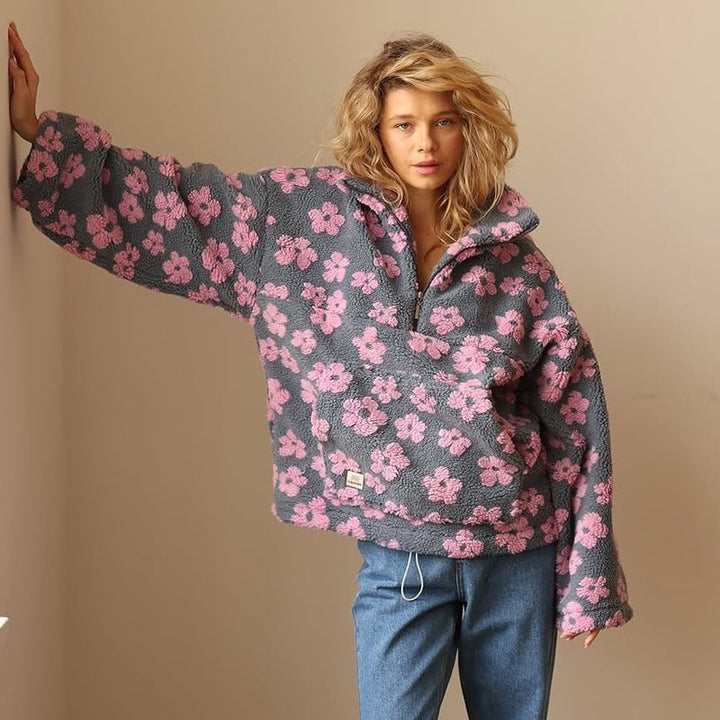Oversized Floral Sherpa Fleece Jacket