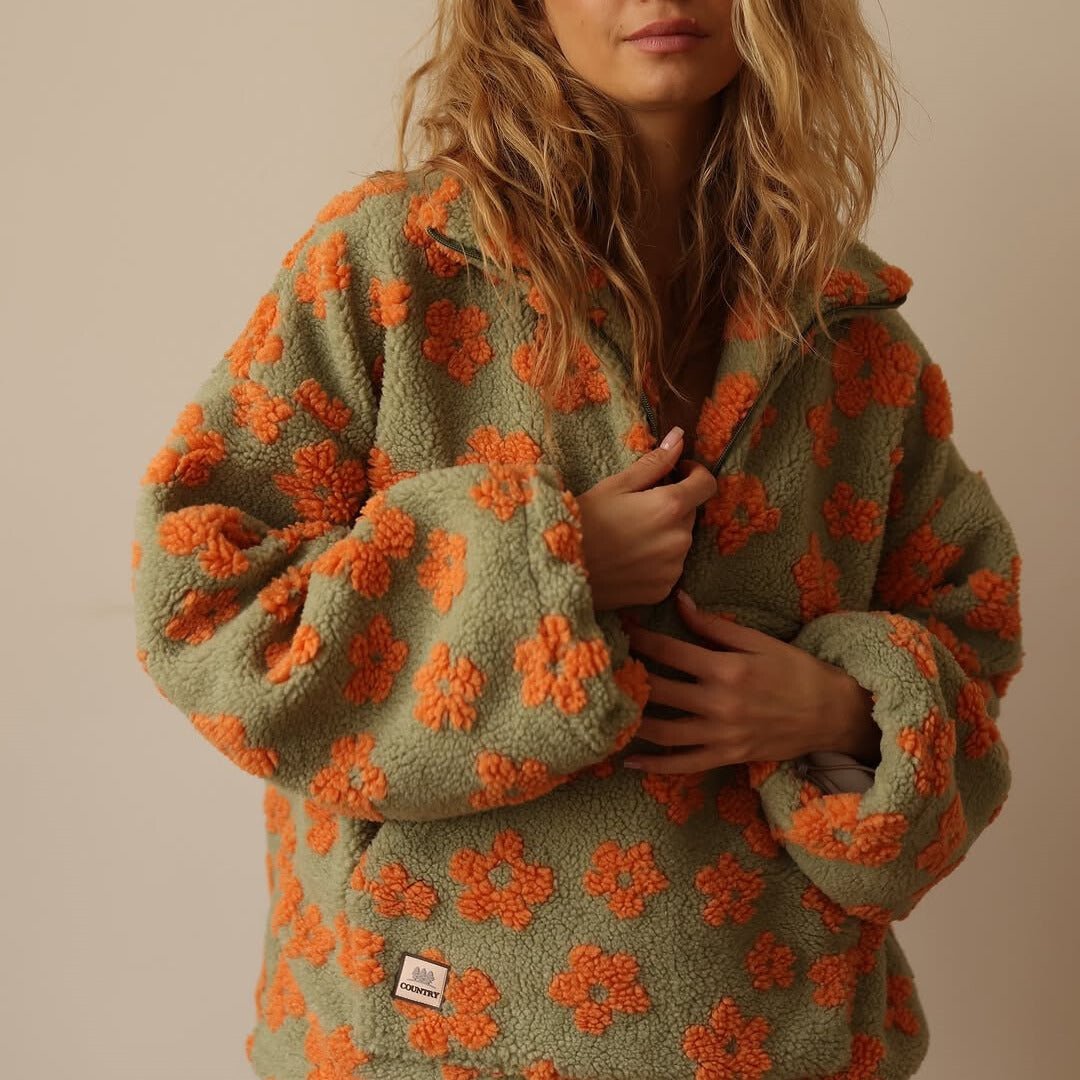 Oversized Floral Sherpa Fleece Jacket